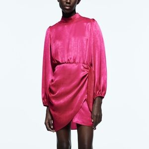 Zara Mock Neck Satin Effect Pink Dress sz M